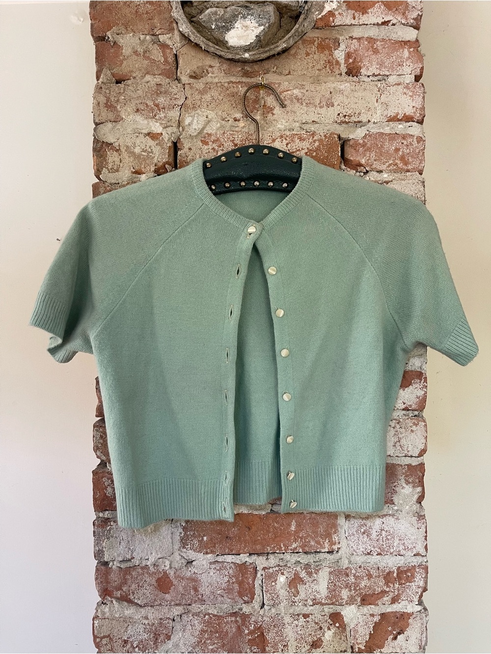 Mint Green Short-Sleeve Button-Front Cardigan Sweater